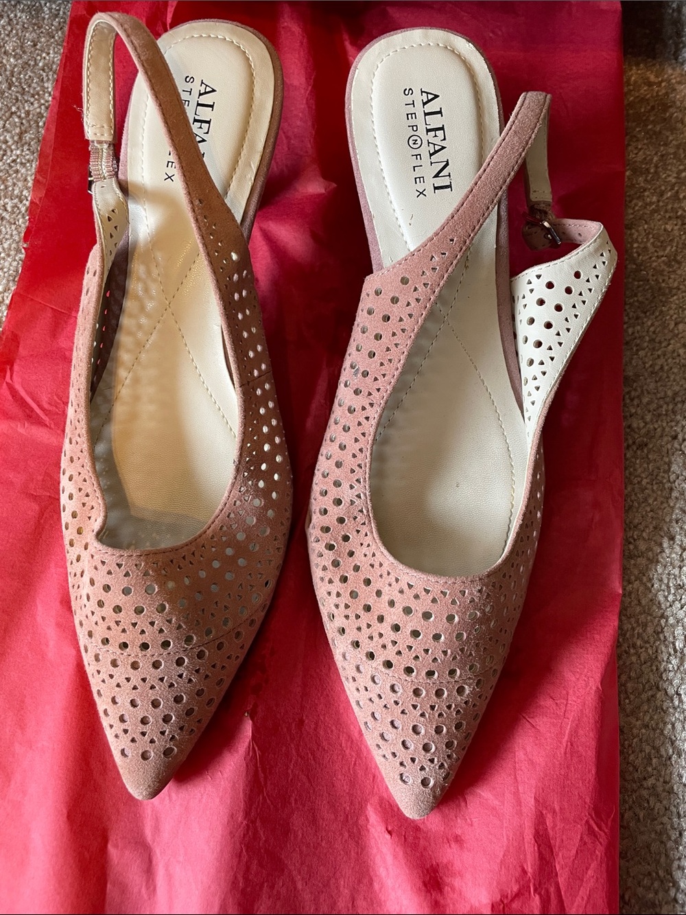 Alfani Pink Laser-Cut Suede Slingback Flats